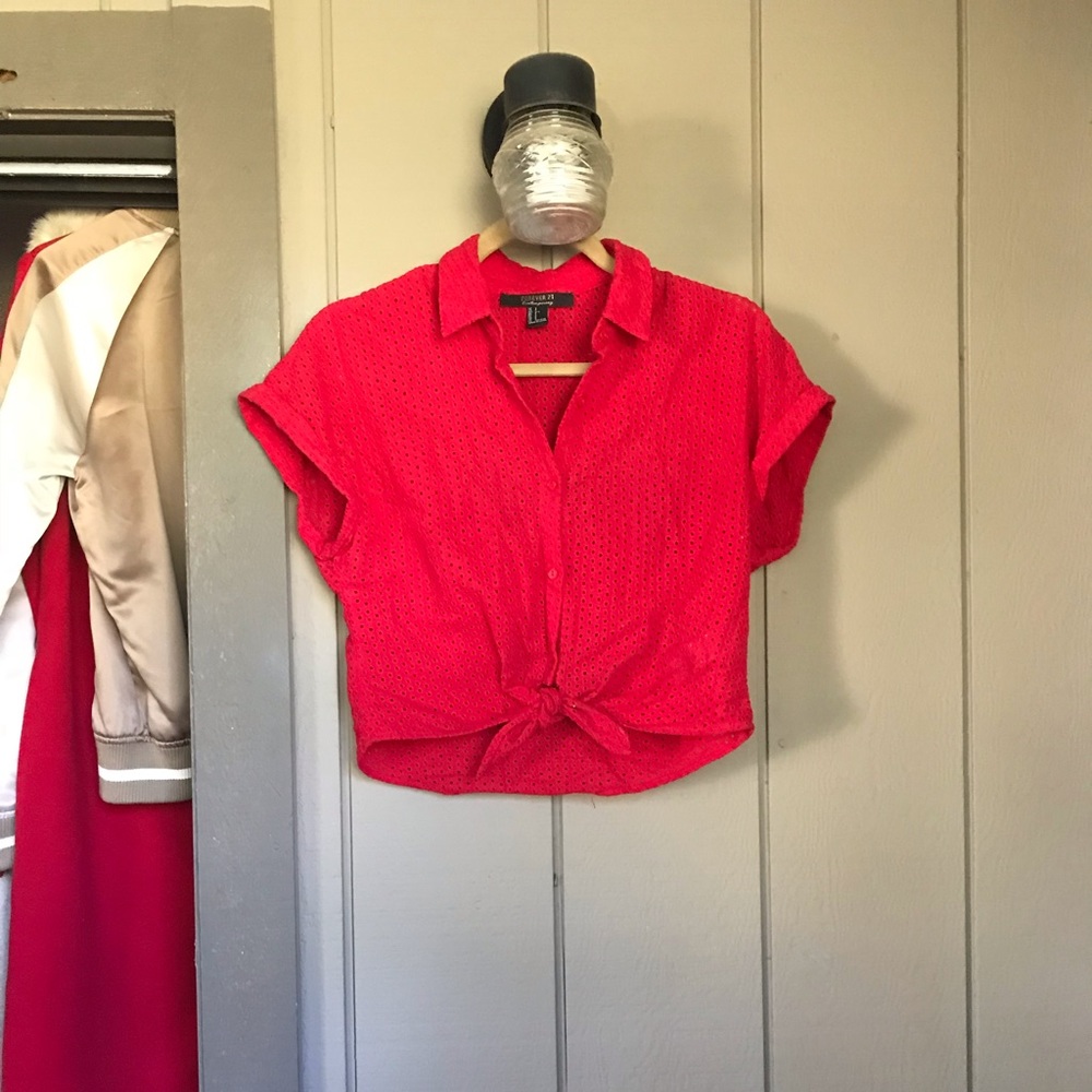 Forever 21 Red Eyelet Cotton Crop Blouse
